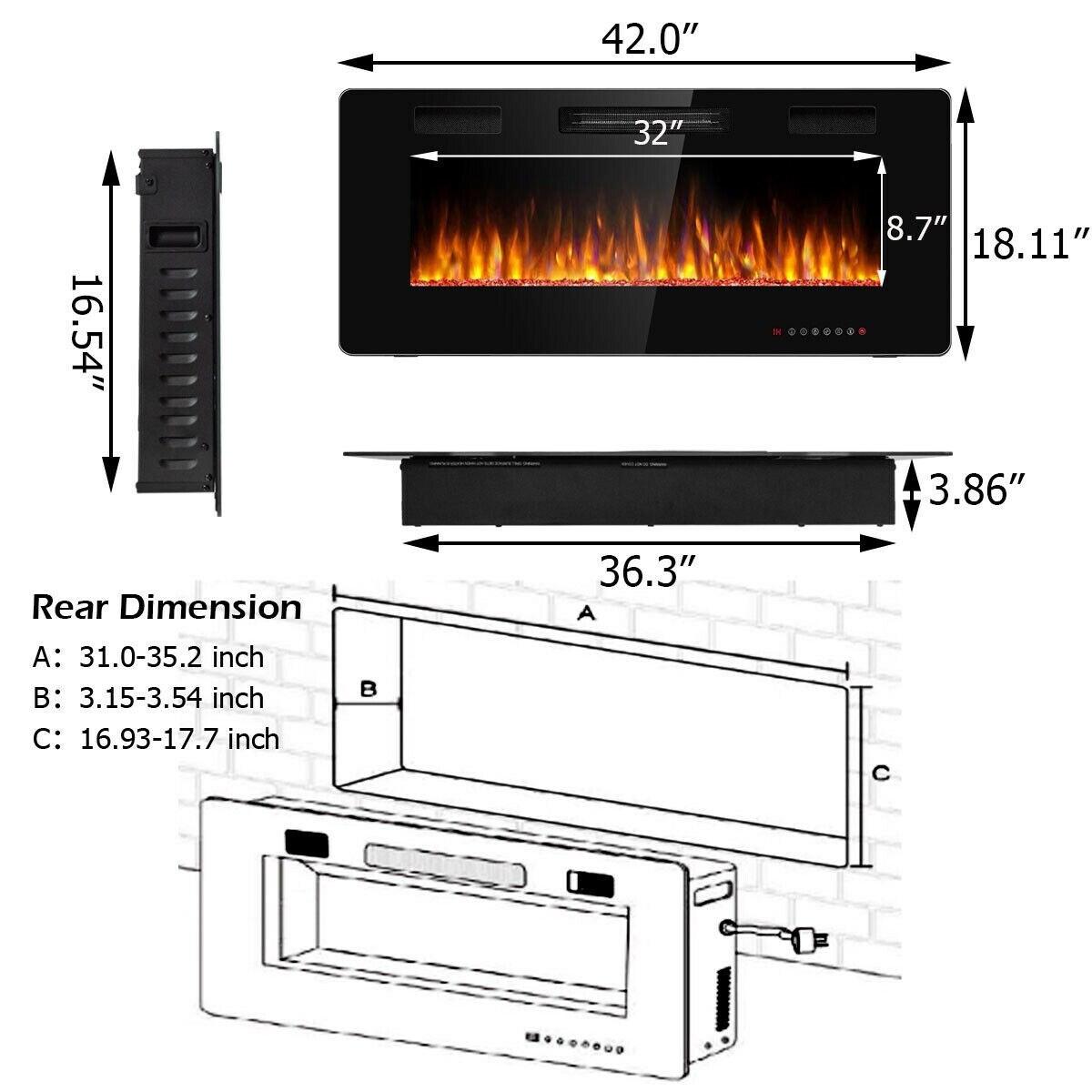 Recessed Ultra Thin Electric Fireplace Heater with Glass Appearance