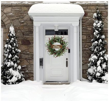 Christmas Wreath, Front Door Christmas Wreaths, Artificial Christmas Wreath with Sparkling Leaves and Pine Needles combined with Plump Pine and Red Berries, Indoor Wall Window Decor.