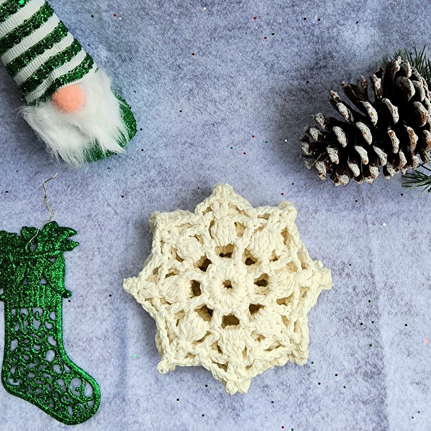 Crochet coaster set (6 pcs) Sparkling Snow - Christmas crochet coasters - Sustainable coasters for your holidays product 2