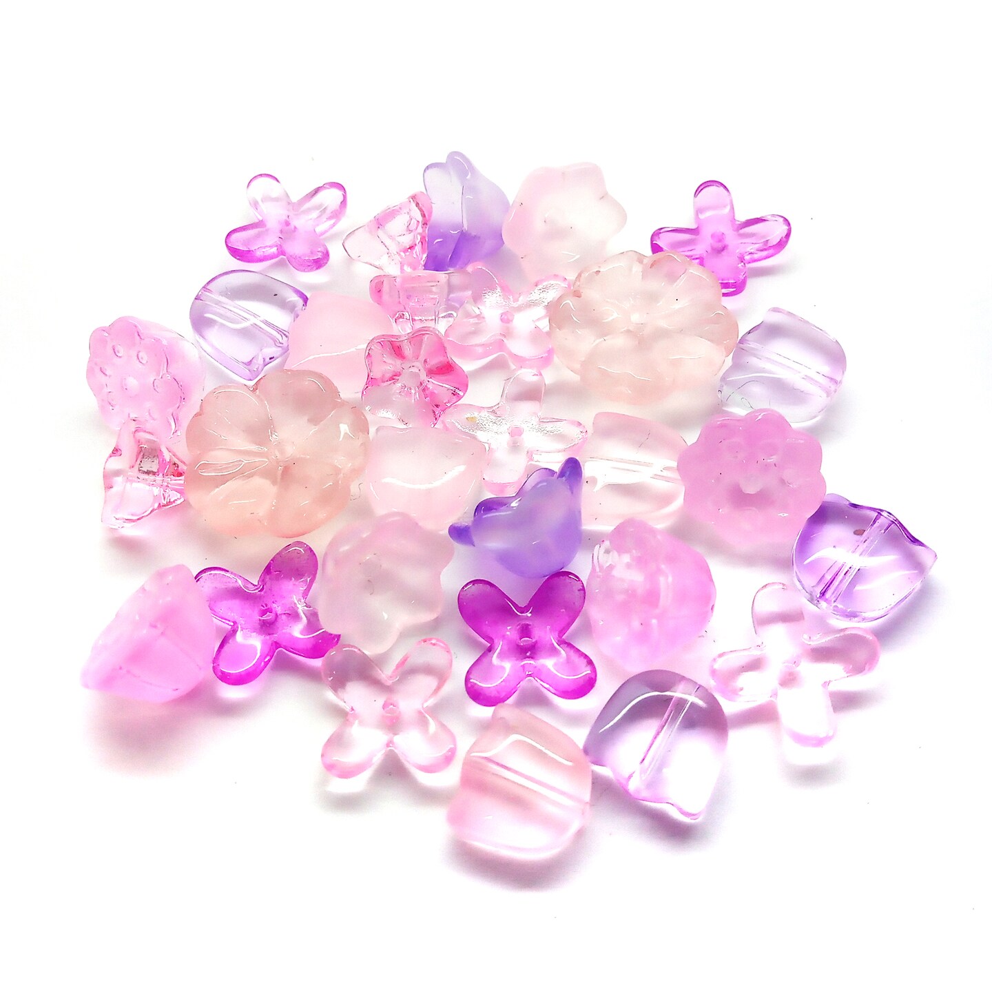 Small Flower Beads Mix, 30 pcs, Pink and Purple Glass, Assorted Styles, Adorabilities