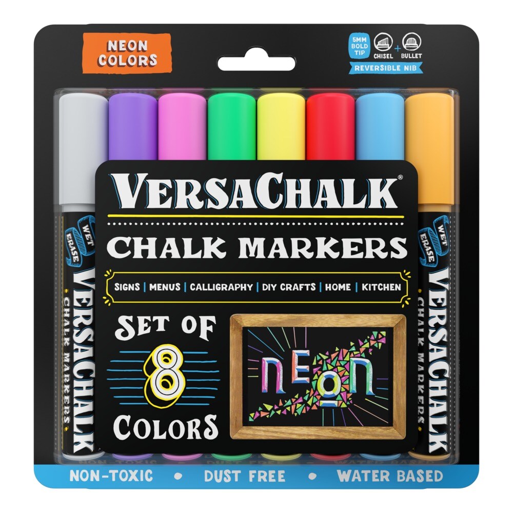 VersaChalk Neon Liquid Chalk Markers for Chalkboards, Set of 8 - 5mm Bold Tip