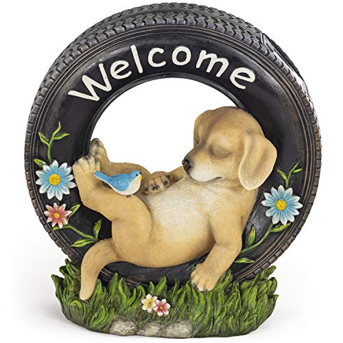 Welcome Puppy Dog Solar Powered LED Outdoor Decor Garden Light Outdoor Decor Garden Light Welcome Chillax Puppy Statues Outdoor Funny Figurine Decor for Outside Patio, Yard, Lawn