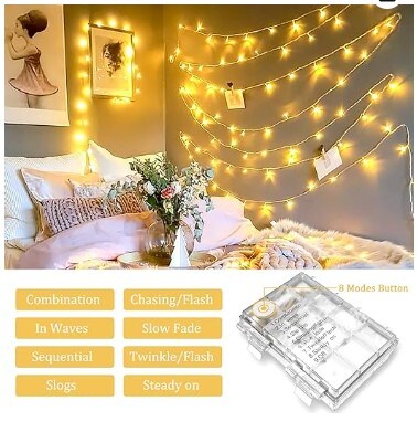 2 Pack Warm White Battery Operated Outdoor String Lights, 33ft 100 LED Battery Powered Christmas Lights with Remote, 8 Modes Waterproof Twinkle Fairy Mini Lights