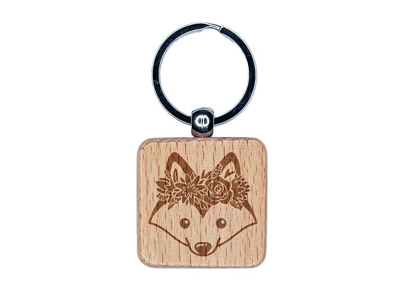 Husky Dog Wearing a Flower Crown Engraved Wood Square Keychain Tag Charm