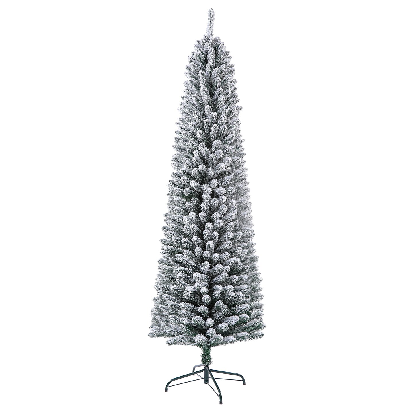 7 Feet Prelit Snow Flocked Pencil Christmas Tree Decoration 150 LED UL Plug Warm Lights 570 Branch Artificial Slim Xmas Tree Indoor Outdoor Home Decor Holiday