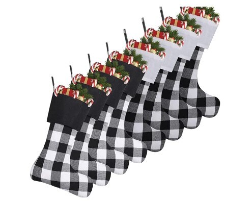 8 Pack Buffalo Plaid Christmas Stockings, 18 Inch Buffalo Plaid Christmas Stockings Large Personalised Stocking Decorations for Family Xmas Holiday Party (Black and White Plaid)