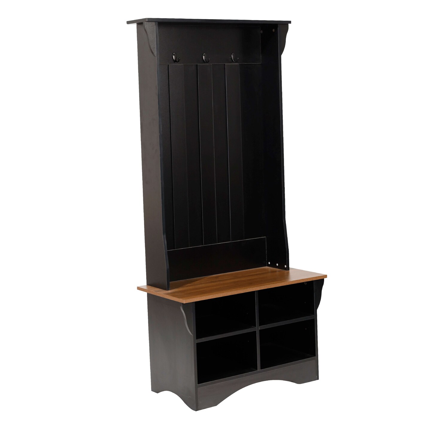 Merrick Lane Whitman Hallway Tree with Bench Seating, 3 Single Coat Hooks and Lower Storage with Adjustable Shelves