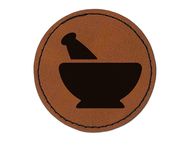 Mortar and Pestle Pharmacy Alchemy Icon Round Iron-On Engraved Faux Leather Patch Applique - 2.5&#x22;