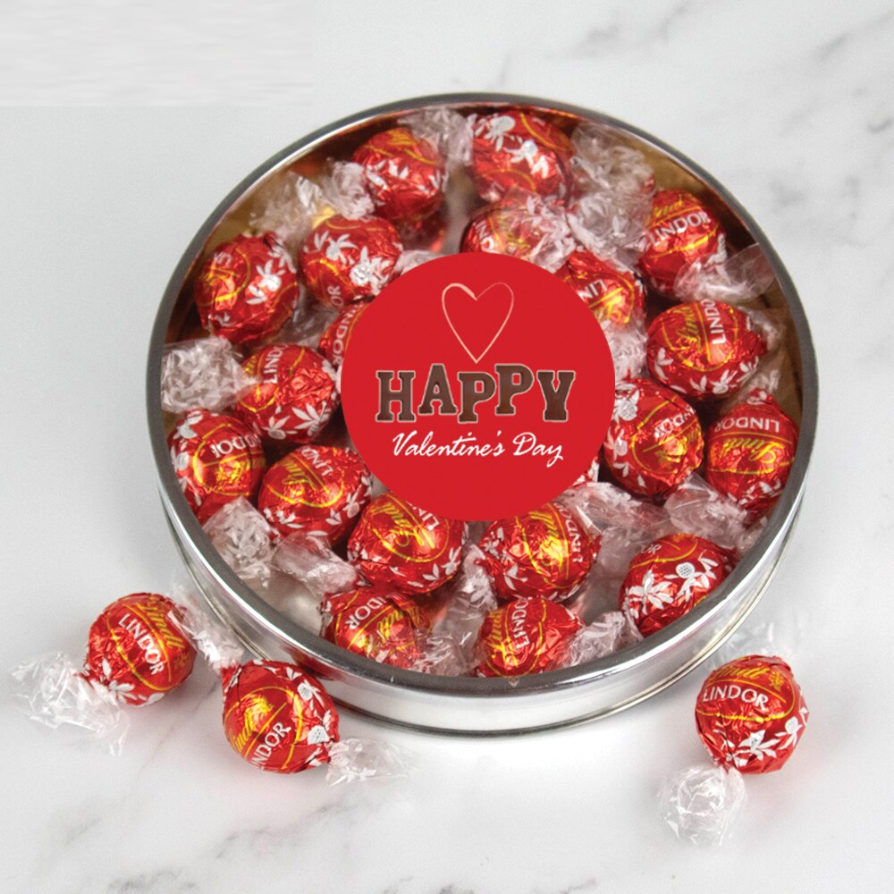 Valentine&#x27;s Day Candy Gift Tin with Chocolate Lindor Truffles by Lindt Large Plastic Tin with Sticker