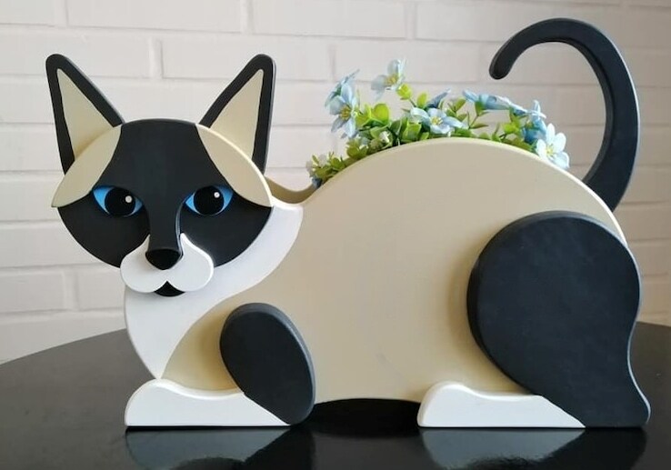 Cat Planter - Wooden Planter Box - DIY Kit - Realistic Cat Garden Plant Holder