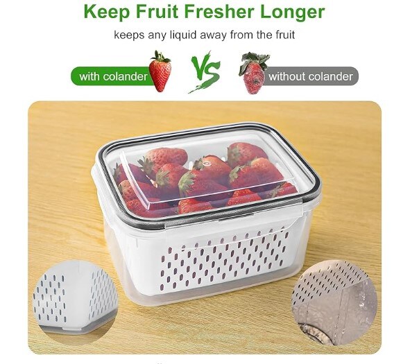 4 PCS Fridge Fruit Storage Containers with Removable Colander, Airtight Food Storage Container, Dishwasher Safe Produce Saver Container for Refrigerator, Keep Berry Fruit Vegetable Fresher Longer