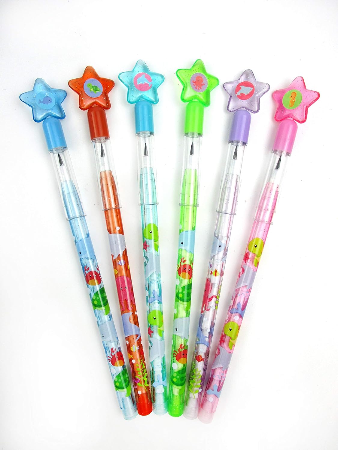 TINYMILLS 24 Pcs Sea Animals Ocean Life Turtles Multi Point Stackable Pencil with Eraser