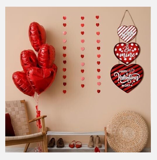 3 Pcs Hanging Valentine's Day Wooden Door Heart Porch Sign Decor