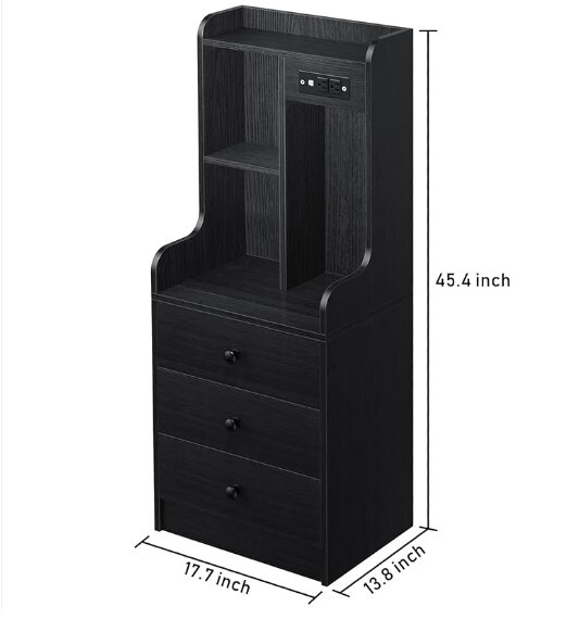 Tall End Table for Bedroom Living Room, Bed Side Table/Night Stand with 3 Drawers, Bedside Table with Open Storage Shelf, Black Modern Nightstand with Charging Station