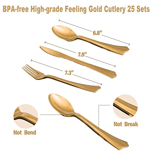 350 Pieces White and Gold Plastic Dinnerware Set, Includes 9&#x22; Dinner Plates, 7&#x22; Dessert Plates, 9oz Cups, Napkins, Forks, Knives, Spoons