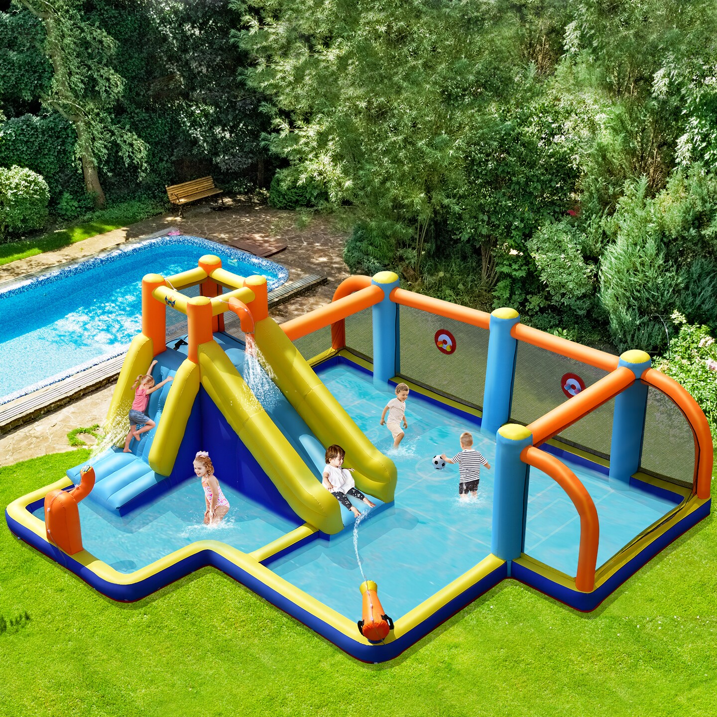 Giant Soccer Themed Inflatable Water Slide Bouncer with Splash Pool