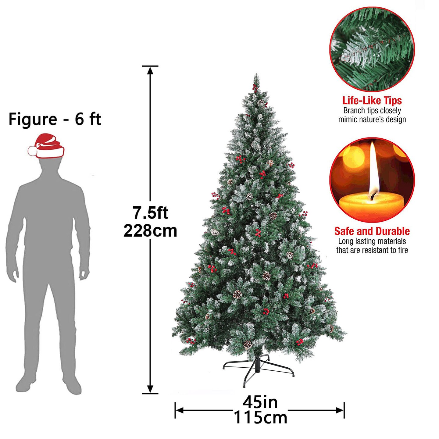 7.5ft Christmas Tree Artificial Full Xmas Trees with 200pcs LED,Green, for Holiday,Home,Office,Party Decoration, 1358 Branch Tips Metal Hinges &#x26; Foldable Base