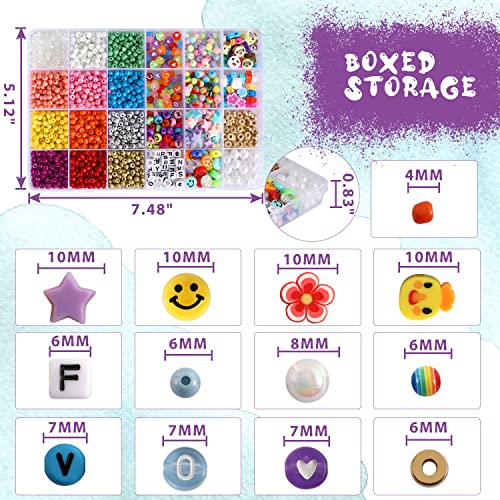 2989 Pieces 4mm Seed Beads for Bracelets Making, Colorful Candy Beads Kids Cute Polymer Letter Spacer Smiley Face Beads Hair Beads for Kids Crafts Pearl Rainbow Bead Girls Jewelry DIY Making Beading Kit