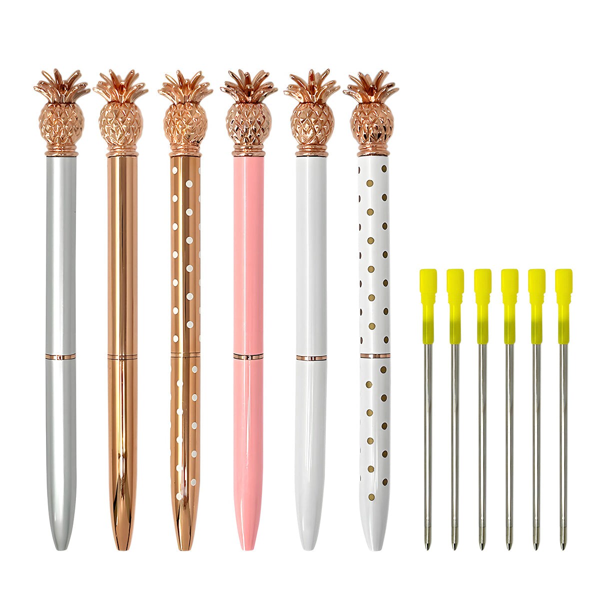 Wrapables Novelty Pineapple Ballpoint Pens, 1.0mm Medium Point Retractable Metal Pens with Refills (Set of 6 Pens + 6 Refills)