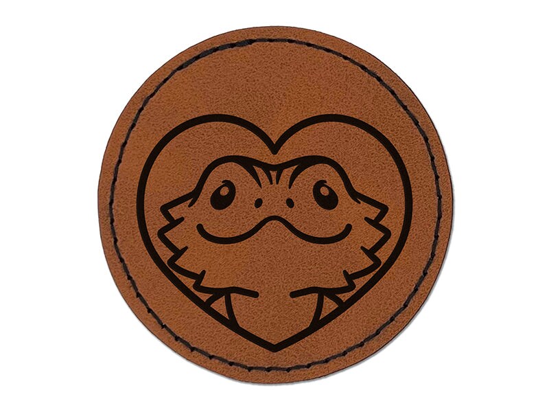 Bearded Dragon Lizard Inside of Heart Round Iron-On Engraved Faux Leather Patch Applique - 2.5&#x22;