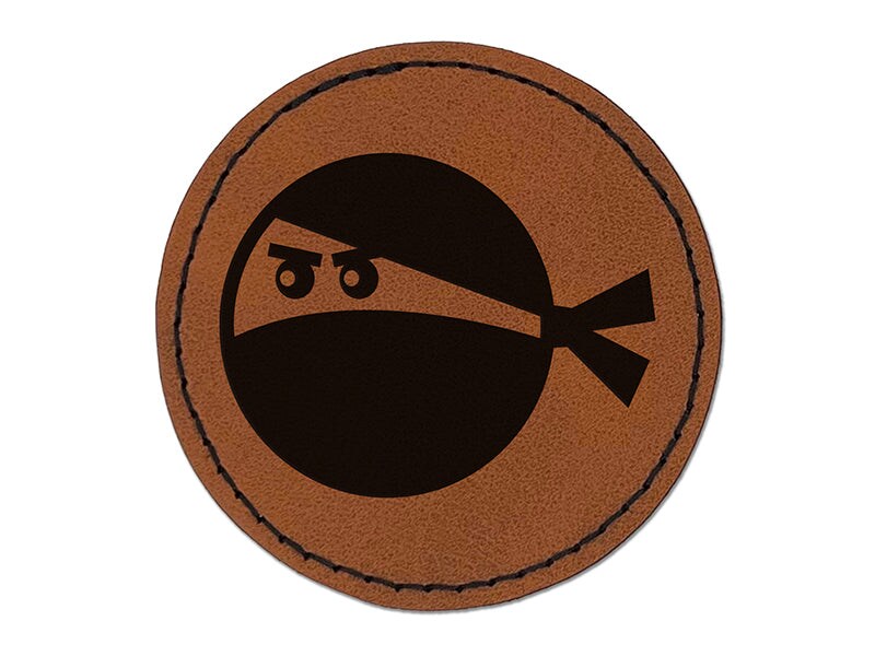 Ninja Face Funny Round Iron-On Engraved Faux Leather Patch Applique - 2.5&#x22;