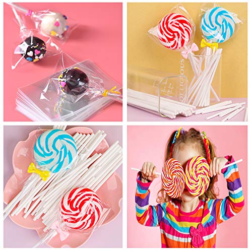 100 Pieces Big Size Lollipop Cake Pop Treat Bag Set Including Parcel Bags, 100pcs Papery Treat Sticks, 100pcs Colorful Metallic Twist Ties for Making Lollipops, Cake Pops, Candies, Chocolates and Cookies