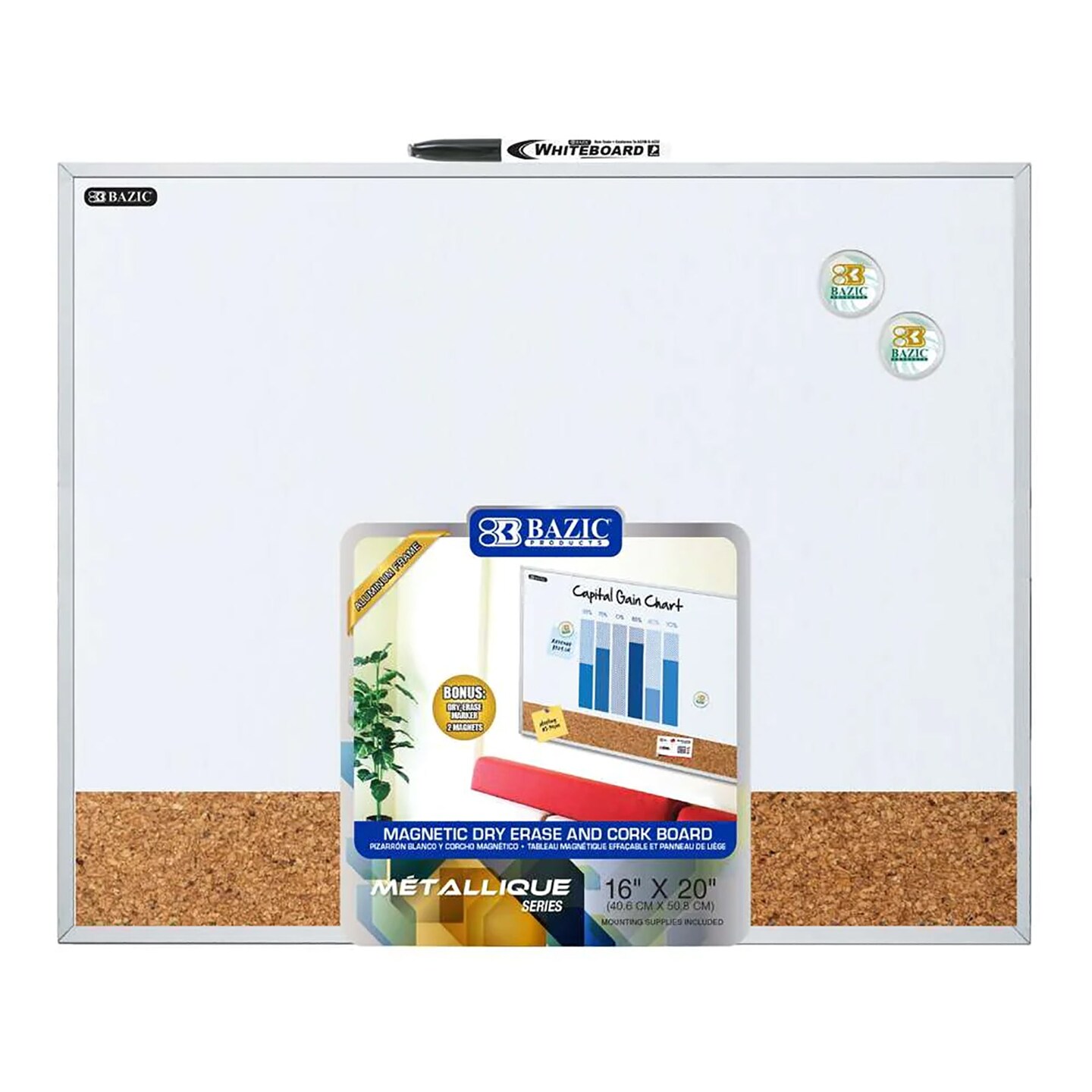 Aluminum Framed Magnetic Dry Erase/Cork Combo Board, 16&#x22; x 20&#x22;