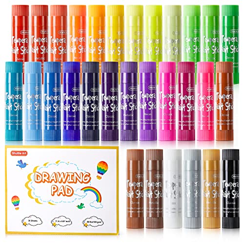 Shuttle Art Tempera Paint Sticks, 31 Pack Solid Tempera Paint Set, 30 Colors with 1 Drawing Pad for Kids, Washable, Super Quick Drying, Works Great on