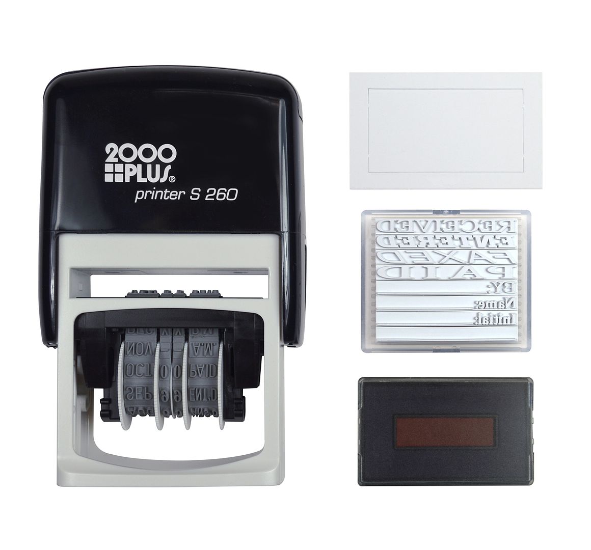 2000 PLUS Self-Inking Message and Date Date Stamp, FAXED, PAID, RECEVIED, ENTERED, 1-3/4&#x22; X 7/8&#x22; Impression, Self-Inking, Red and Blue Ink