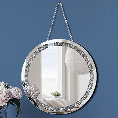 QMDECOR Crush Diamond 12 inch Wall-Mounted Mirrors with Iron Chain Home Decoration Round Silver Crystal Sparkling Decorative Mirror