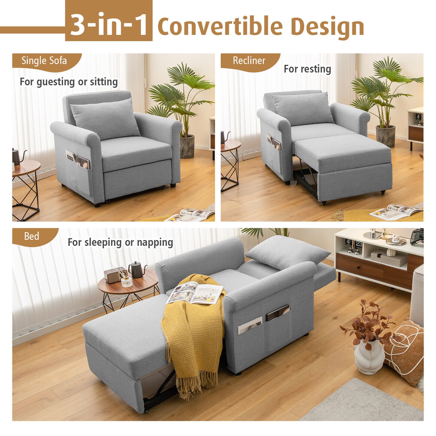 3-in-1 Pull-out Convertible Adjustable Reclining Sofa Bed-Grey