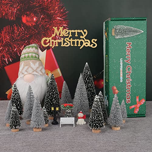 UNIPRIMEBBQ Mini Miniature Christmas Pine Tree Bottle Brush Trees Wooden Bases Tree for Your Village Desktop Xmas Holiday Party (Silver/Green 30pcs)