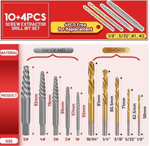 Ez Out Screw Extractor Set Broken Bolt Extractor Kit, 4 Pieces Screw Extractor Set, 35# Cr-Mo & 6542 HSS Steel Cobalt Left Hand Drill Bits Set for Removing Stripped Screws and Broken Bolts