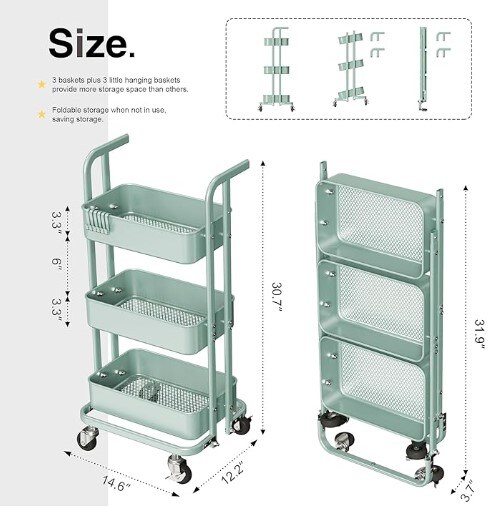 3 Tier Mini Foldable Rolling Cart, Metal Utility Cart with Wheels, 3 Hanging Cups and 6 Hooks, Folding Trolley for Living Room, Kitchen, Bathroom, Bedroom, and Office, Green, Small