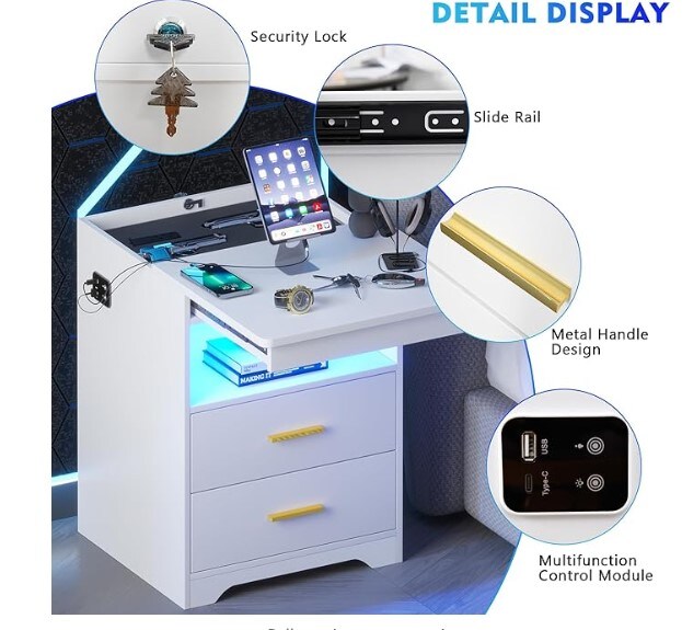 Modern End Table with Charging Station, Night Stand Side Table with Auto Sensor LED 3 Color Dimmable