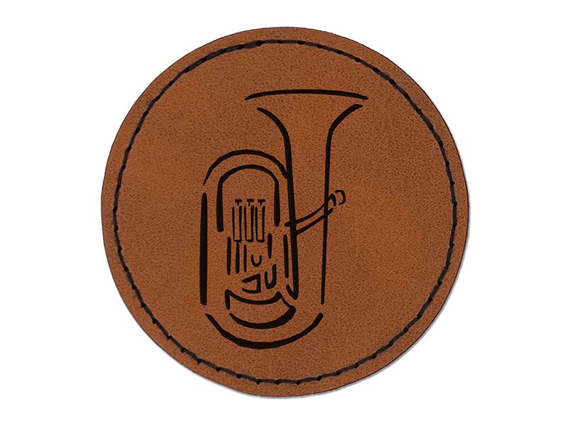 Tuba Music Instrument Sketch Round Iron-On Engraved Faux Leather Patch Applique - 2.5"