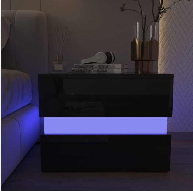 LED Nightstand with Drawers Set of 2 High Gloss Modern Bedside Table End Table
