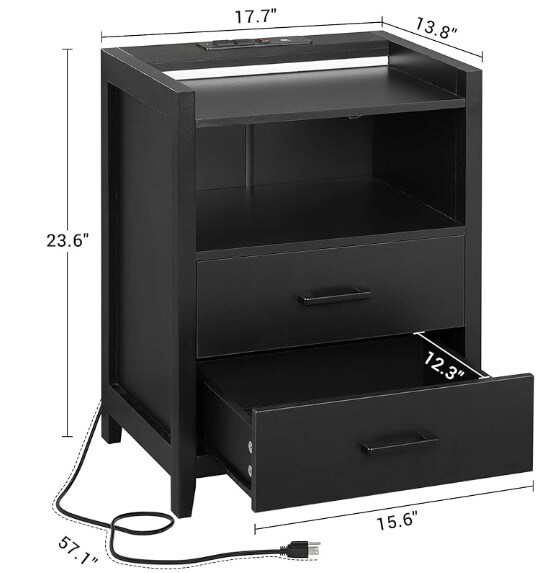 Nightstand with LED Lights and Charging Station, End Side Table with 2 Drawers and Open Storage, Black