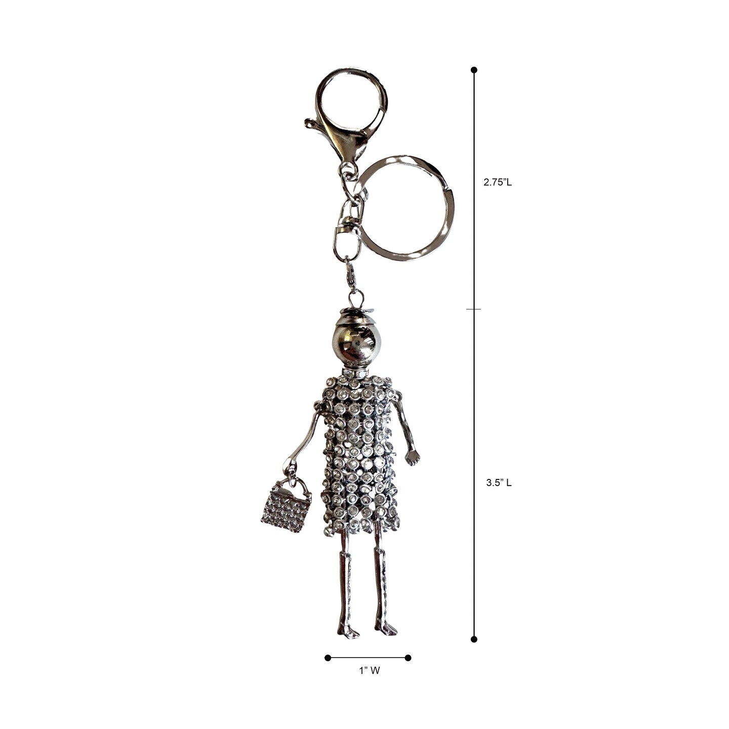 Wrapables Hanging Fashionista Doll Keychain, Crystal Rhinestone Keyring Bag Charm, Silver