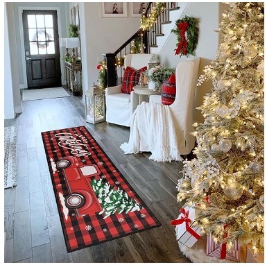 Christmas Runner Rug 2x6 Non Slip Low Pile Christmas Rug Truck in Red Christmas Tree Red and Black Buffalo Checker Plaid Xmas Carpet Floor Mat for Entryway Hallway Kitchen Bedroom