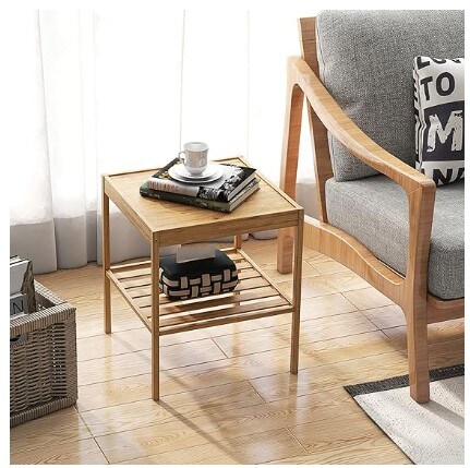 Set of 2 Bamboo Nightstands, Square Bedside Table with Storage Shelf, Natural Wood End Side Table for Bedroom Home Office, Simple Assembly (2)