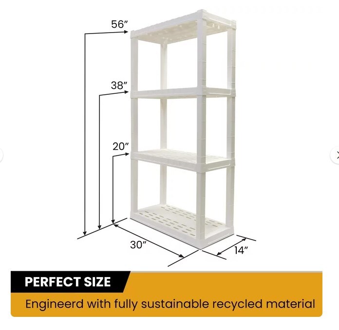 Multipurpose Home Storage Plastic Shelf Organizer, White, 4-Tier Shelving Unit, W30 x D14 x H57"