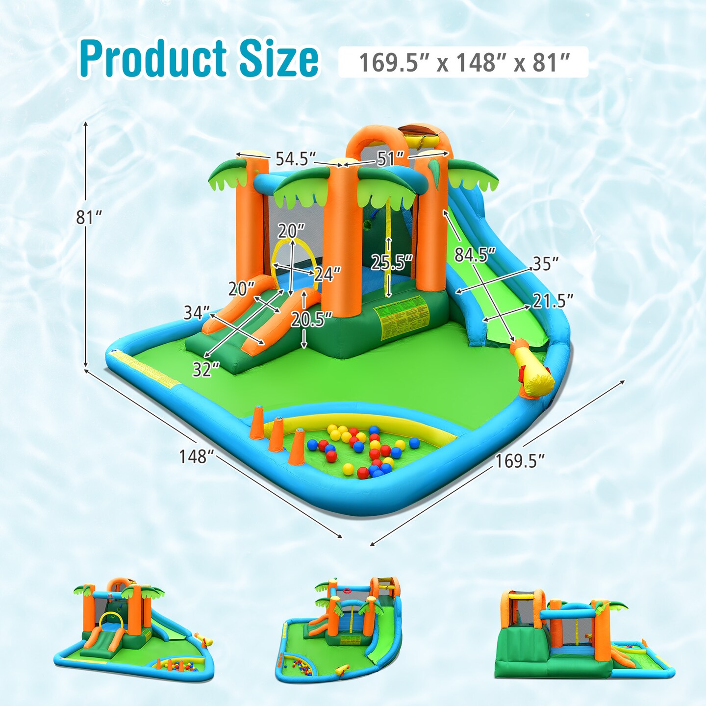 Green Orange Inflatable Slide Bouncer With Mesh Safety Walls Splash Pool And Balls