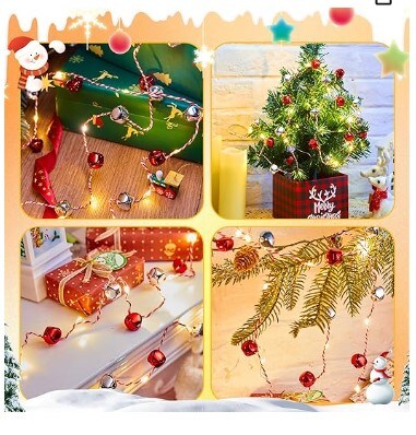 Christmas String Lights, 7.2ft 20 LEDs Battery Powered Jingle Bell Lights for Indoor, Xmas Tree, Fireplace, Gift Decor (Red/Silver)