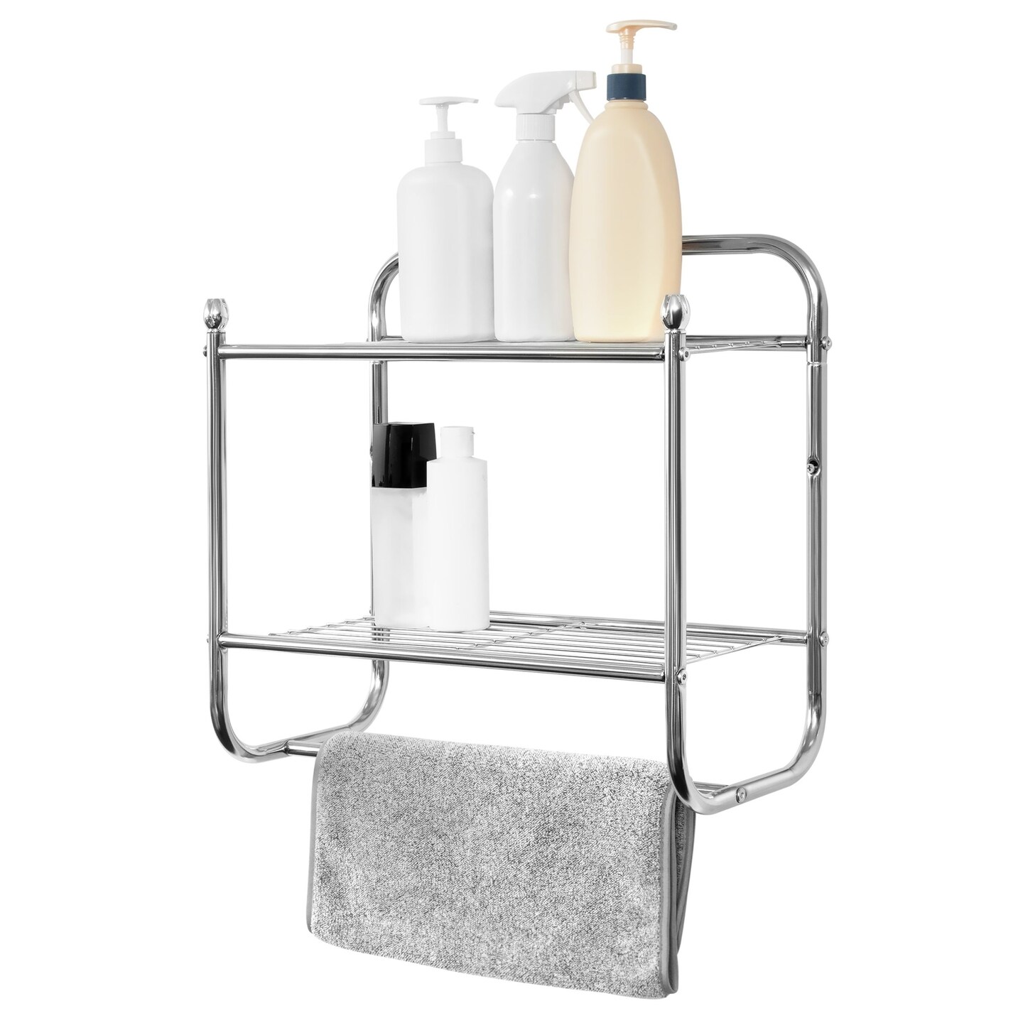 2 Tier Silver Chrome Wall Mounted Bathroom Shelf Organizer, Metal Towel Hanging Rack, 18 x 9 x 17 in.