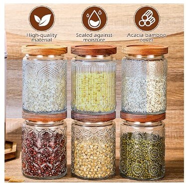 6 Glass Food Storage Containers with Wood Lids 24 oz Airtight Vintage Glass Jar with Lid Decorative Candy Cookie Jar Clear Glass Canisters Kitchen Storage Jars for Coffee, Sugar, Spice, Flour