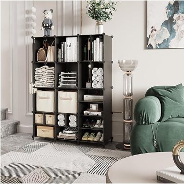 Closet Organizer Storage Cubes 12 Cube Shelves, Black, with Large and Small Cubes, DIY Portable Closet Clothes Storage Shelfs for Home, Bedroom