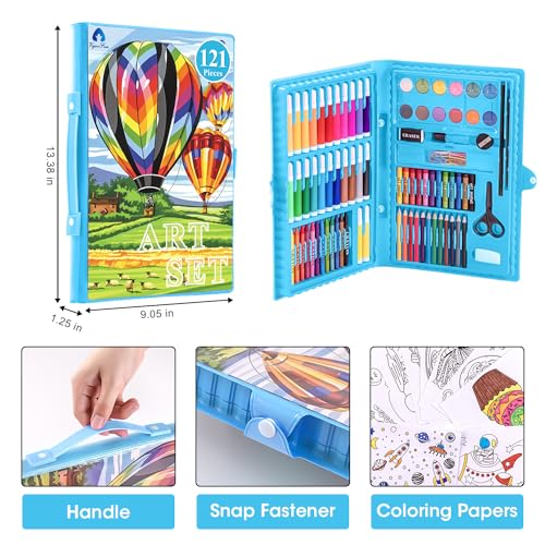 Art Kit, Drawing Painting Art Supplies for Kids Girls Boys Teens, Gifts Art Set Case Includes Oil Pastels, Crayons, Colored Pencils, Watercolor Cakes (Blue)