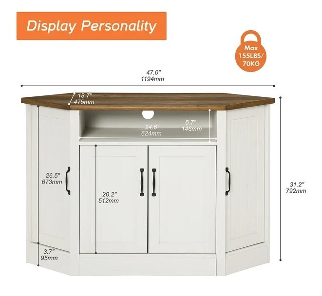 White&#x26;Oak Corner TV Stand with Yellow LED Lights for TVs up to 55 inches