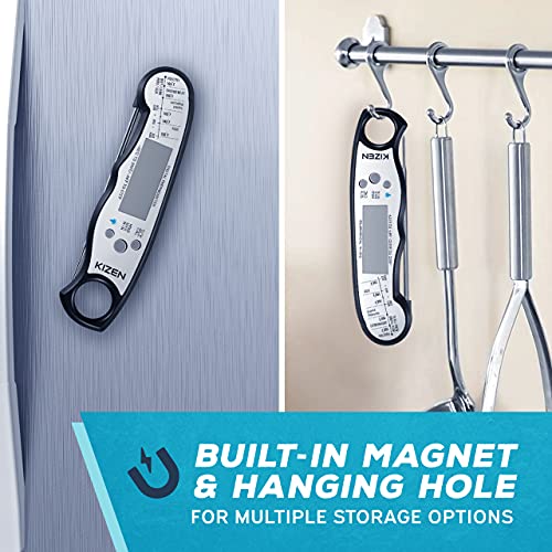 KIZEN Digital Meat Thermometer with Probe - Instant Read Food Thermometer for Cooking, Grilling, BBQ, Baking, Liquids, Candy, Deep Frying, and More - Black/White